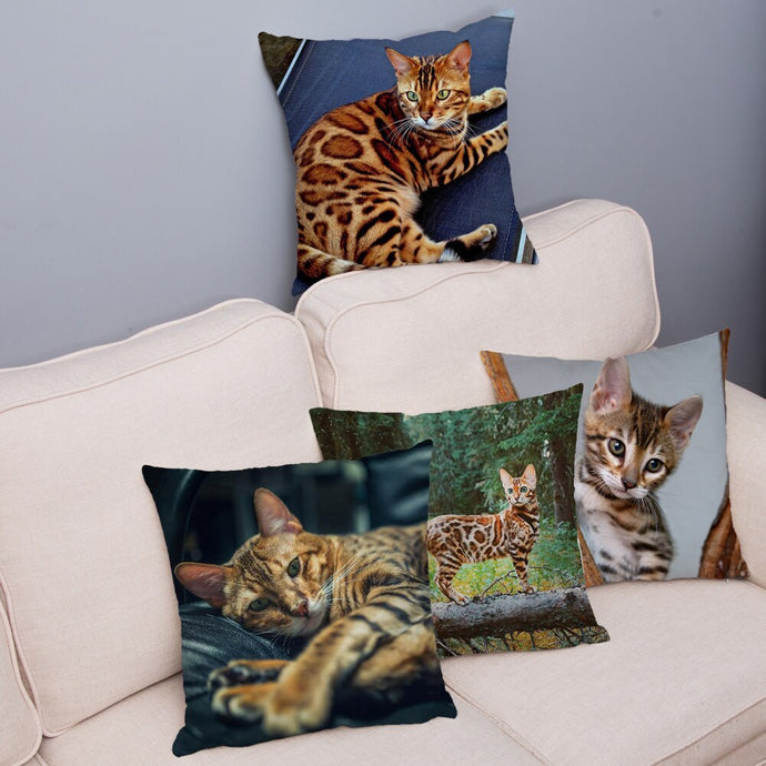 Cute Bengal Cat Print Cushion Cover 45*45 Pillow Covers Super Soft Plush Throw Pillow Case Car Sofa Home Decor Square Pillowcase